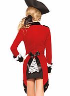 Kvinnlig brittisk rödrock-soldat, maskeradklänning med volanger, knappar och sammet